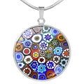 Artistic Millefiori Murano glass round pendant with colorful mosaic patterns and silver chain - Multicolor Floral (XSWX2721-1)