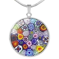 Colorful Murano Millefiori glass pendant necklace with silver bezel and snake chain - Vibrant Blooms (XSWX2721-2)