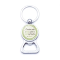Macro view of metal bottle opener keychain with teacher appreciation quote on green dots - Green Polka Dot Teacher (XSWX5874-26)