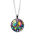 Κολιέ με μποέμ γυάλινο μενταγιόν με πολύχρωμο σήμα ειρήνης tie-dye και σχέδια λουλουδιών - Tie-Dye Ανθικό Σήμα Ειρήνης (XSWX5774-1) / Ασημί