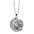 Rotating crescent moon necklace with colorful Millefiori glass pendant in silver finish - Vibrant Mixed Flower Style (XSWX5846-6)