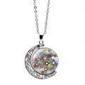 Italian Venice Millefiori glass moon pendant necklace with silver floral openwork design - Miniature Colorful Flower Style (XSWX5846-7)