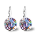 Silver drop earrings with Venice style colorful Millefiori floral glass patterns - Red Tone Millefiori Pattern (XSWX2725-5)