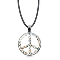 Peace sign necklace with colorful butterfly pattern and black woven leather cord - Silver Style 7 (XSWX5776-Silver-7)
