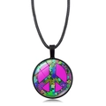 Peace sign glass pendant necklace with magenta symbol and floral pattern on black cord - Black Style 3 (XSWX5776-Black-3)
