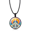 Rainbow peace sign glass pendant necklace with a black cord strap in retro hippie style - Black Style 8 (XSWX5776-Black-8)