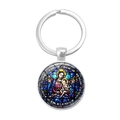 Porte-clés en métal argenté avec pendentif en verre illustrant la Madone et l'Enfant - Vierge à l'Enfant Vitrail (XSWX1202-7)