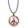 Peace sign necklace with colorful floral glass cabochon on black cord and bronze frame - Antique Bronze Style 6 (XSWX5776-Antique Bronze-6)