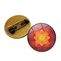 Mandala lotus glass brooch pin with bronze base shown from front and back view - Red Orange Lotus Mandala (XZXL1500-2)
