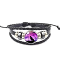 Braided black leather bracelet with lone wolf howling at the moon glass cabochon - Wolf Howling Purple Starry Sky (PSXL3000-2)
