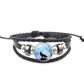 Adjustable black leather braided bracelet featuring a lone wolf howling at the moon gem - Wolf Howling Dark Blue Night Beaded (PSXL3000-4)