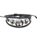 Geflochtenes Lederarmband in Schwarz mit Wolfskopf-Glasjuwel und Verstellknoten - Realistisches Grauwolf Porträt (PSXL3000-19)