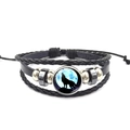 Geflochtenes Lederarmband mit Wolfsmond-Glaskabochon und verstellbarer Schnur - Wolf Heult Blaumond Silhouette (PSXL3000-21)