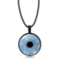 Macro view of a realistic blue iris eye pendant with glass dome and black cord necklace - Bright Blue Iris Pattern (XSWX9230-12)