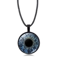 Macro detail of realistic blue iris glass pendant with black matte bezel and cord - Light Blue Pupil Iris Pattern (XSWX9230-11)