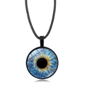Detailed view of round dragon eye pendant with blue iris pattern on black cord - Blue Orange Spotted Iris Pattern (XSWX9230-7)