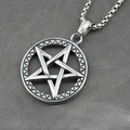 Viking pentagram pendant necklace in vintage steel with geometric round ring and box chain - Pendant With Box Chain