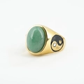 Vintage gold ring with oval green gemstone and yin yang symbol with small diamond - Gold Setting Aventurine