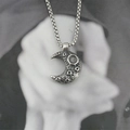 Retro hip-hop style moon pendant necklace in vintage steel with crater texture - Pendant + Matching Chain