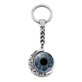 Blue evil eye moon keychain with rotating glass iris and polished silver metal frame - Realistic Blue Iris Style (XSWX9225-11)