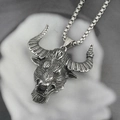 Retro punk bull head pendant necklace in antique silver finish with heavy box chain - Pendant With Chain