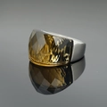 Polished silver metal ring featuring a large faceted amber gemstone in a modern wide band design - US 6 / Coffee Rhinestone