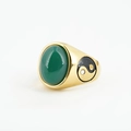 Golden signet ring with oval green gemstone and black white Yin Yang side symbols - Gold Setting Green Chalcedony