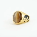 Vintage gold ring with brown cat eye stone and yin yang design on the side - Gold Base Coffee