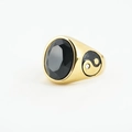 Vintage gold signet ring with oval black gemstone and Tai Chi yin yang side detail - Gold Setting Black Faceted