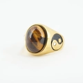 Gold signet ring featuring oval tiger eye stone and Yin Yang symbols on sides - Gold Setting Wood Grain