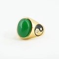 Vintage gold ring with oval green gemstone and embossed Yin Yang side detail - Gold Base Green Jade