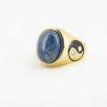 Vintage gold plated ring with oval blue lapis lazuli stone and yin yang side detail - Gold Setting Synthetic Blue Stone