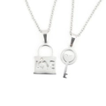 Silver steel lock and key couple necklace set with LOVE engraving and crystal detail - Lock And Key Pendants (With Chain) / Steel