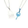 Polished silver lock and blue heart key stainless steel couple necklaces set - Lock And Key Pendants (Without Chain) / Blue