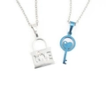 Couples stainless steel necklaces with silver LOVE lock and blue key pendants - Lock And Key Pendants (With Chain) / Blue