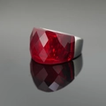 Chunky silver ring featuring a large faceted red crystal stone in a wide band design - Red Rhinestone
