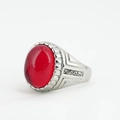 Men's silver ring with oval red gemstone and white crystal accents on a textured band - Size 7 / Silver Base Red Glass Stone