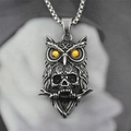 Retro stainless steel owl necklace featuring a skull motif and amber-toned gemstone eyes - Retro Silver (With Chain)