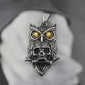 Retro gothic owl skull pendant necklace in vintage silver with amber gemstone eyes - Pendant Only (Without Chain)