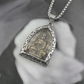Retro titanium steel Buddha pendant necklace with silver hollow frame and gold deity relief - Buddha Pendant With Chain