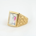 Goldener Titanring mit rechteckigem Edelstein und feiner Gitterstruktur-Verzierung - Größe 7 / Gold Basis Irisierendes Weiß