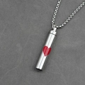 Silver stainless steel cylinder cremation necklace with a red heart on a box chain - Box Chain Style / Pendant + Matching Chain