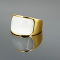Massiver goldfarbener Ring mit rechteckiger weißer Emailler Einlage für Damen und Herren - Goldbasis Weißer Stein