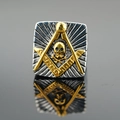 Men's solid stainless steel Freemason square ring with gold compass and skull symbol - US 7 / Steel and Gold