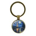 Vintage Bronze Schlüsselanhänger mit Van Gogh Sternennacht Eiffelturm Kunst Glasdom Motiv - Antike Bronze (XSWX8573)