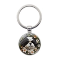 Creative silver metal keychain featuring a 3D Shih Tzu dog with orange floral details - Silver
