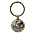 Portachiavi vintage in bronzo con cabochon in vetro e motivo di locomotiva a vapore - Bronzo Antico