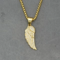 Golden feather wing pendant necklace with white crystals on a gray fabric background - Pendant With Chain - White Zirconia - Gold Style