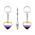 Llavero de corazón del orgullo no binario en metal plateado mostrado en diseño de tres vistas - Estilo Bandera del Orgullo No Binario (XSWX6089-9)
