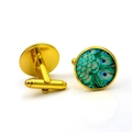 Vintage peacock feather glass cabochon cufflinks in gold finish for men's shirts - Gold